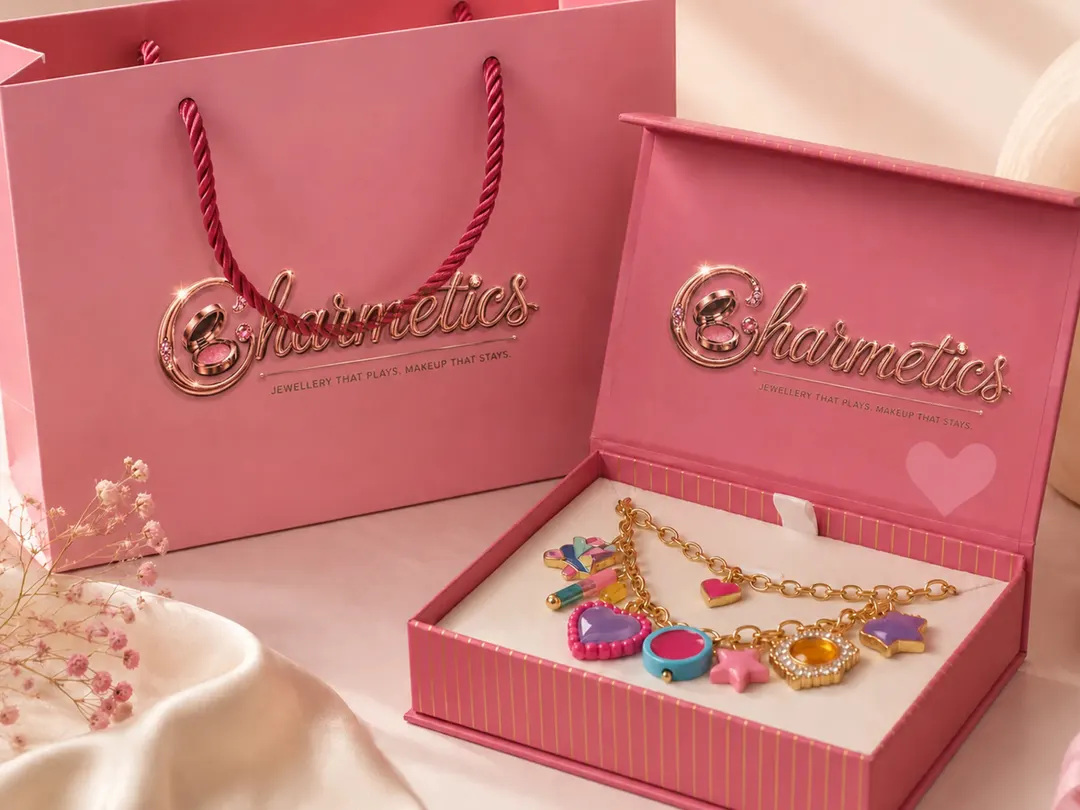 Charmetics pink gift bag and jewelry box with a gold charm bracelet of makeup-themed charms