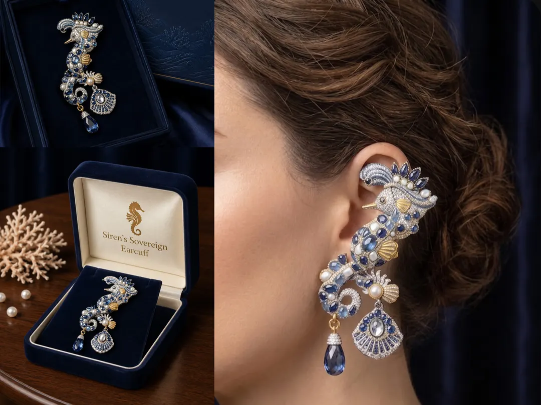 Siren's Sovereign seahorse earcuff in gold, pearls, and blue gemstones, shown worn and in its box