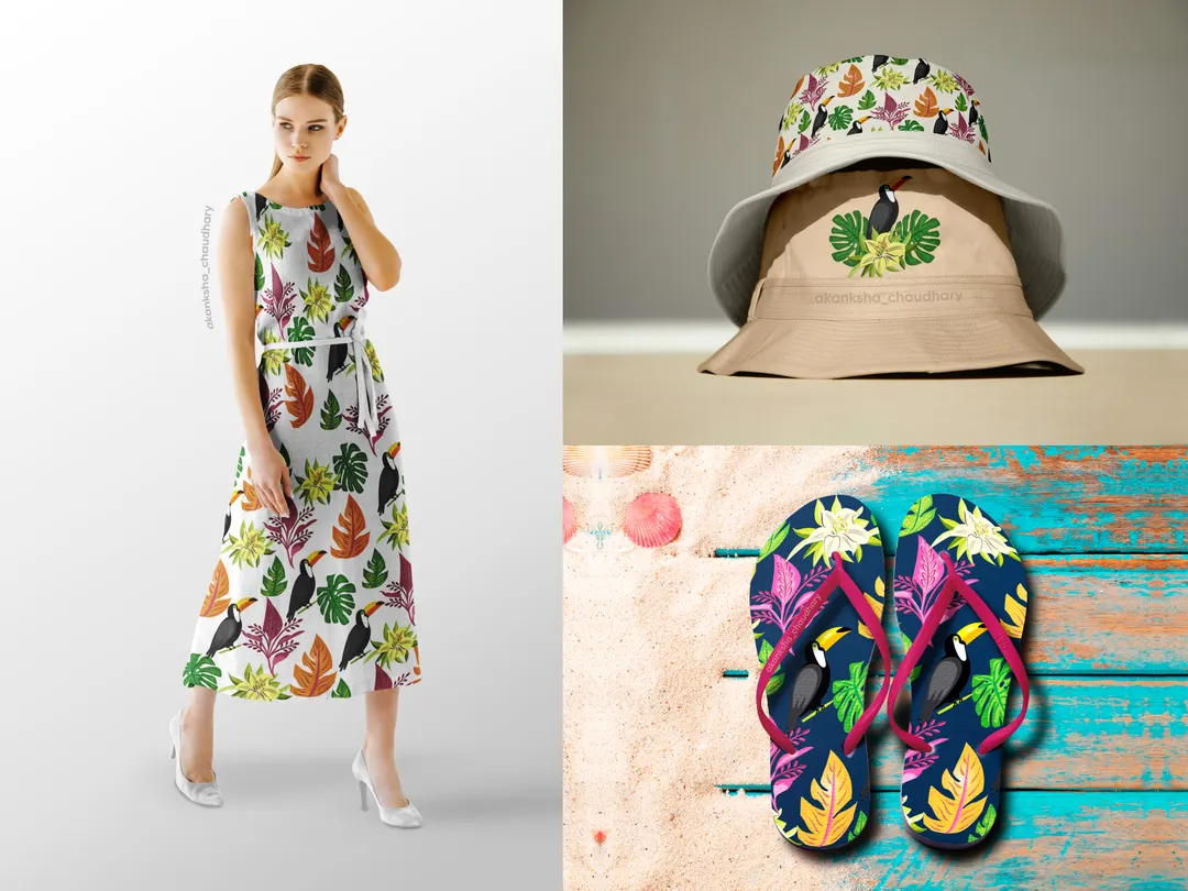 Tropical toucan print dress, bucket hats, and flip-flops from a summer merchandising collection